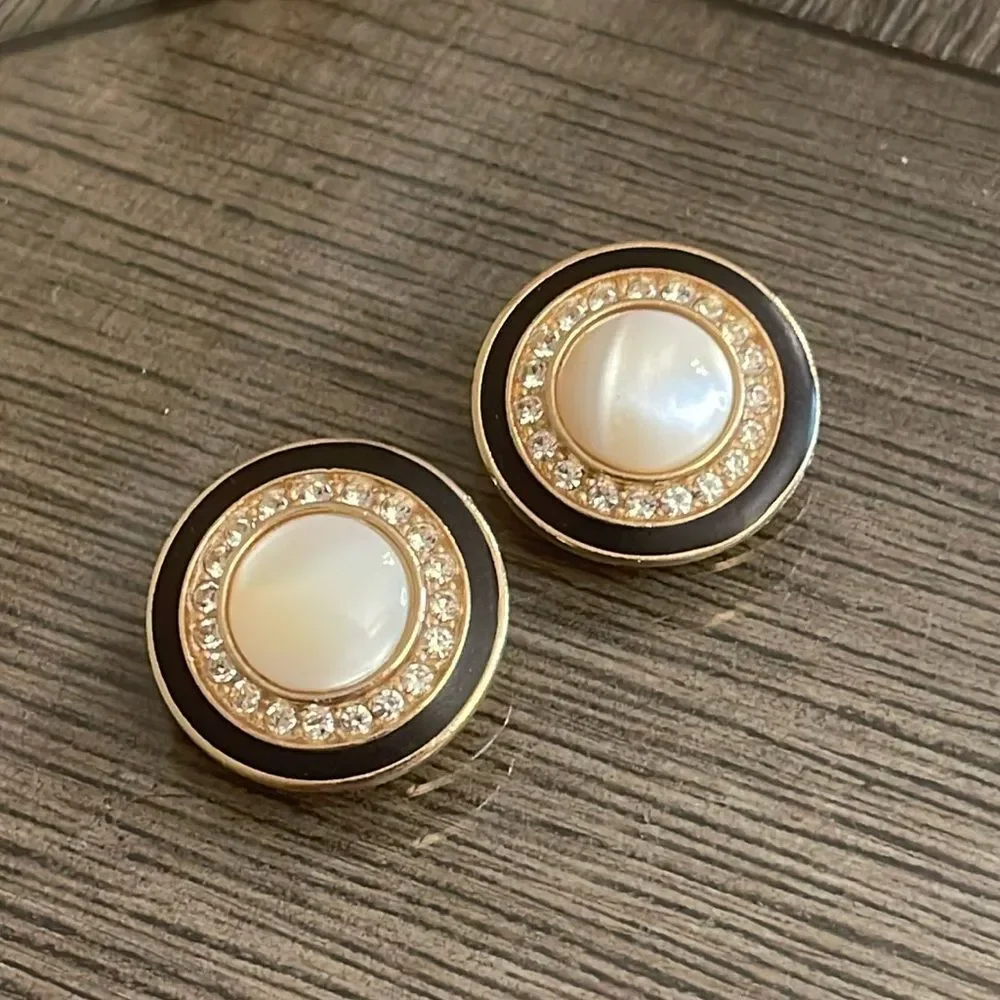 Vintage Button Clip Earrings, Black Enamel and Mother of Pearl Center